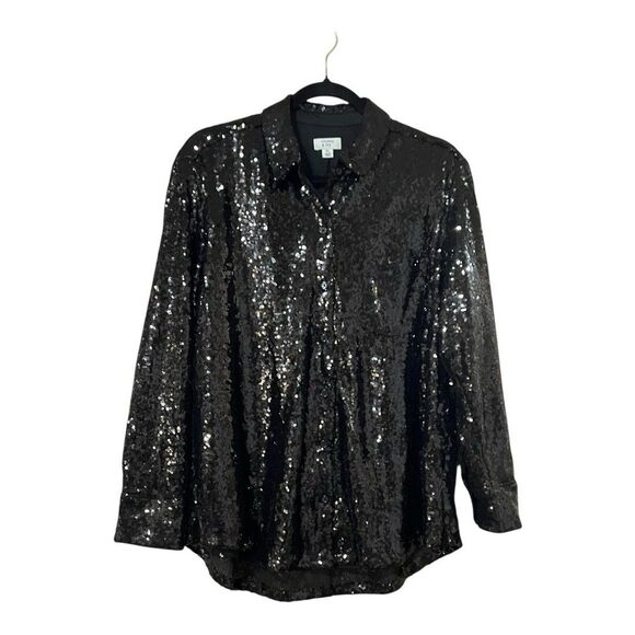 Crown & Ivy Button Up Blouse Womens PL Black Sequins Holiday Party Long Sleeve - Picture 1 of 4
